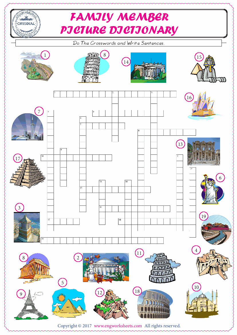  ESL printable worksheet for kids, supply the missing words of the crossword by using the Famous Architecture picture. 